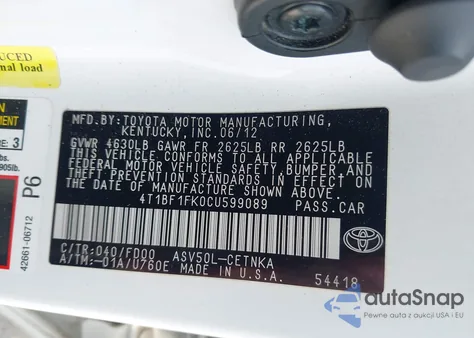 2012 Toyota Camry Le from USA, damaged, VIN 4T1BF1FK0CU599089